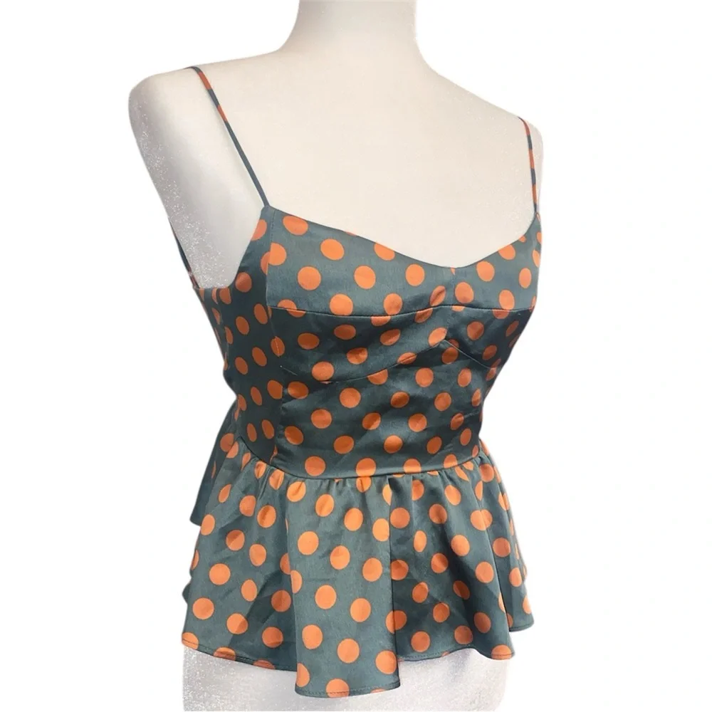 Zara Polka Dot Peplum Cami Top - Green with Orange Dots - Picture 2 of 7